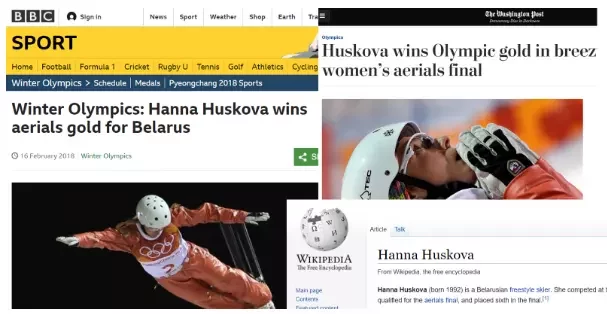 Hanna Huskova у загалоўках BBC Sport, The Washington Post, на англійскай Вікіпедыі.