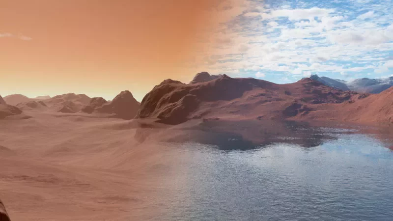 Рэльеф Марса натуральны (злева) і з вадой ва ўяўленні мастака (справа)