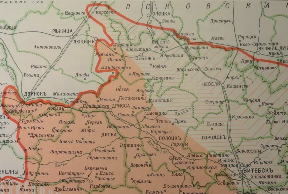 Фрагмент карты Я. Карскага (1903 г.), чырвоная лінія азначае рассяленне беларускага этнасу паводле гаворак