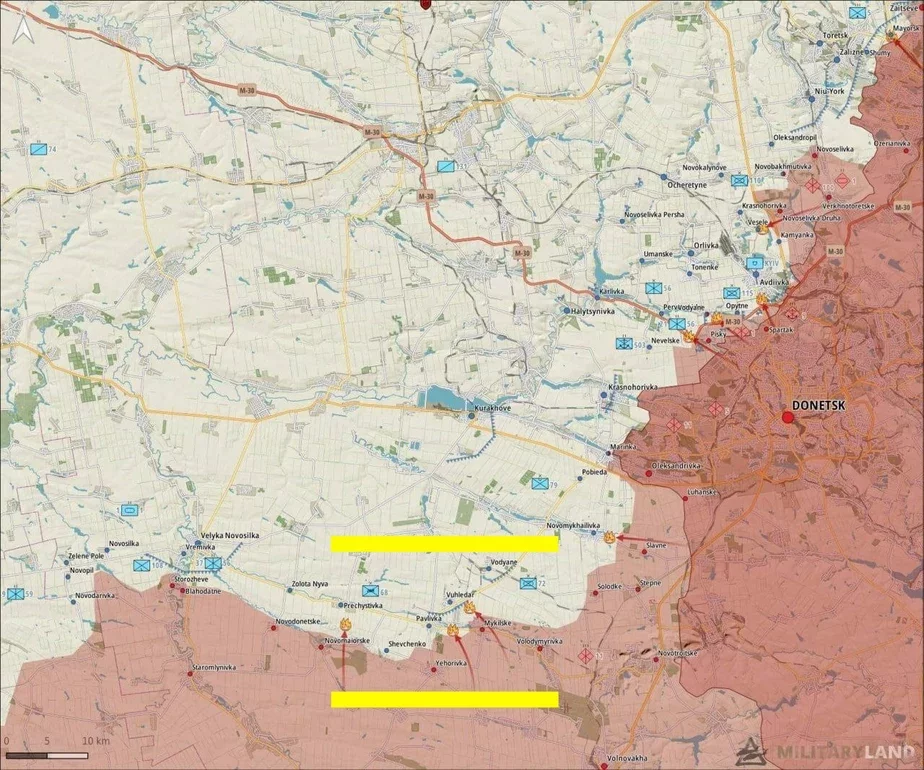 Зона боев под Павловкой — между желтыми линиями на карте
