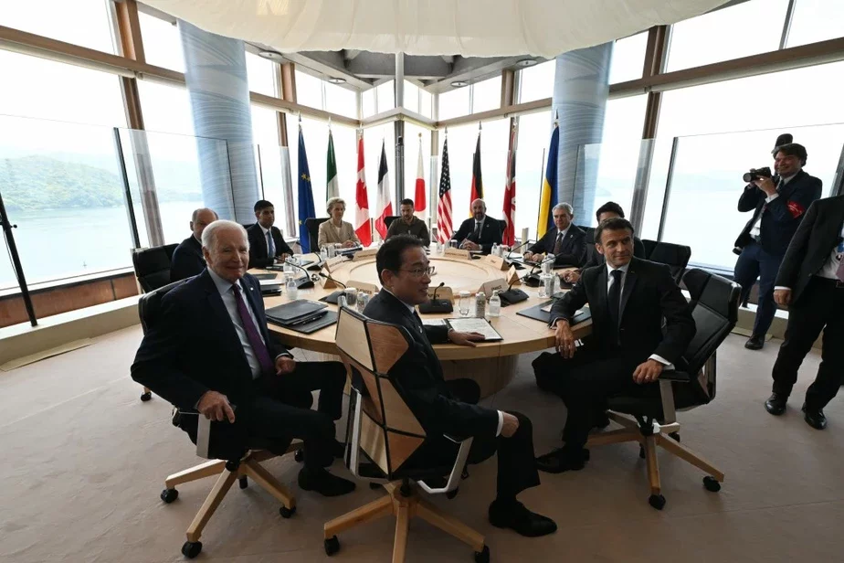 Prezident Ukrainy Uładzimir Zialenski vystupiŭ pierad lidarami G7 u Japonii. Fota: ofis prezidenta Ukrainy